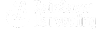 Rain Saver Harvesting logo with water droplet and green leaves