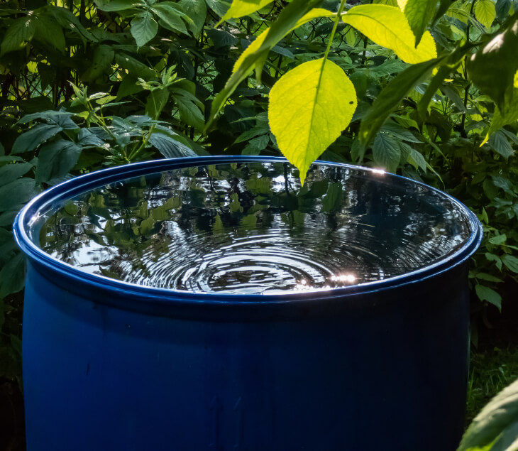 Blue barrel filled with water against neutral background